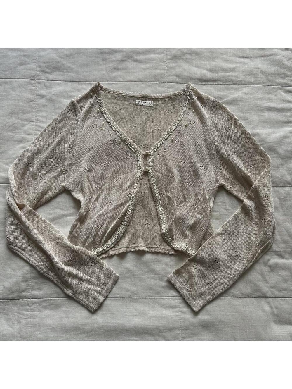 Axes Femme Cream Beige Cropped Cardigan Pearl Lace Mori Kei Size M